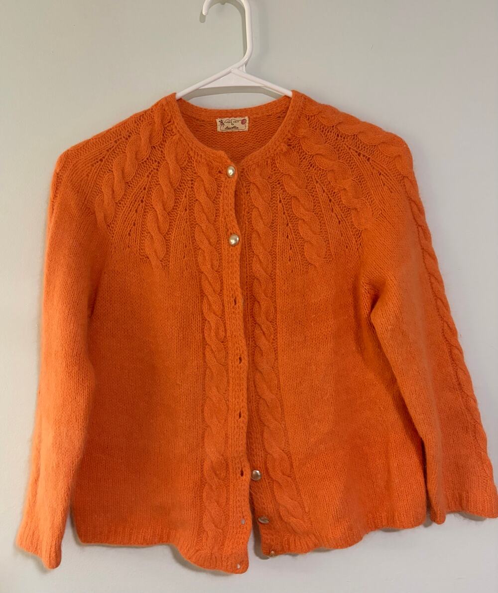 Vintage Anne Allen Hand Knit Orange Cable Knit Cardigan Sweater